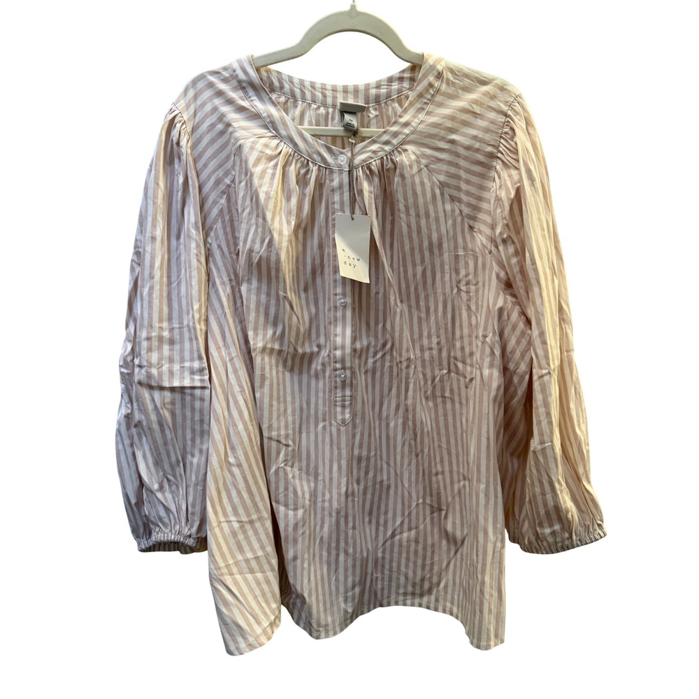 A New Day Women 3X Cream Tan Striped Henley Blouse Long Sleeve Button Top NWT
